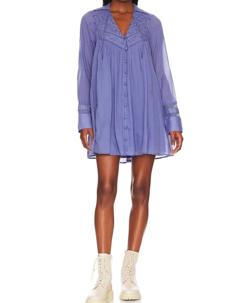 Front of a model wearing a size Large Haddie Solid Mini Dress In Prep Peri in Prep Peri by Free People. | dia_product_style_image_id:344625